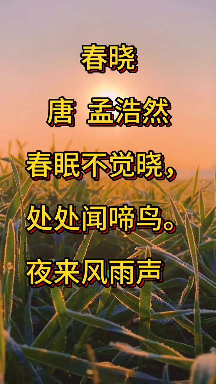 《春晓》
唐，孟浩然。
春眠不觉晓，处处闻啼鸟。
夜来风雨声，花落知多少。
这首