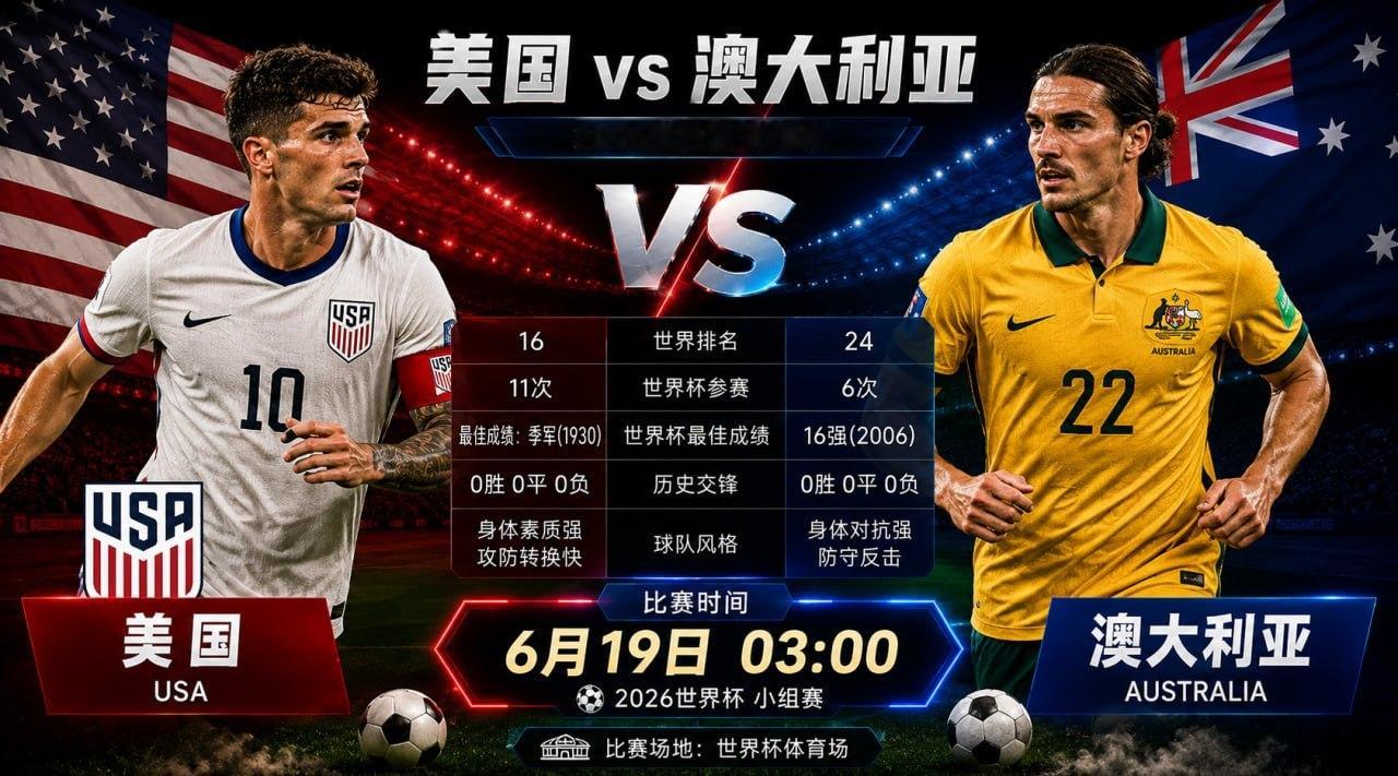 美国vs澳大利亚世界杯03:00开⚽️：美国开炮大小：大2.5∠球：大8.5罚单