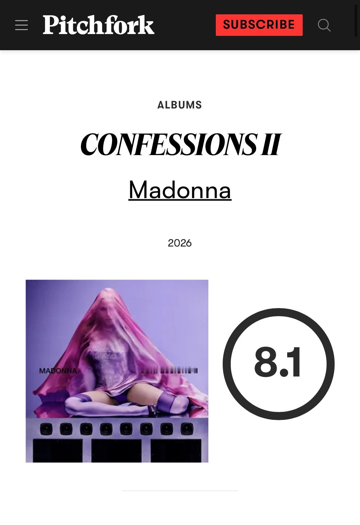 Madonna  CONFESSIONS II获pitchfork 8.1高分M