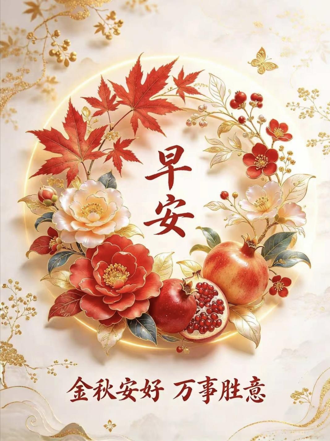 ​金秋安好·万事胜意
​金秋红叶映石榴，好运如花次第开。愿你晨起有暖阳，日子甜过