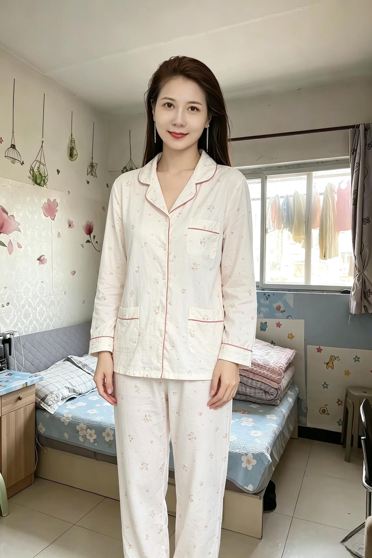 软衫轻软碎花盈，闺室悠然笑意盈。
不施粉黛天然美，温婉居家最动人。