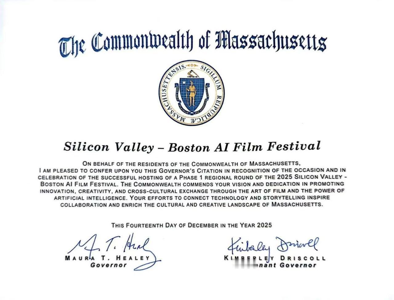 硅谷AI电影节组委会今天收到一份来自美国马萨诸塞州州政府 Governor’s 