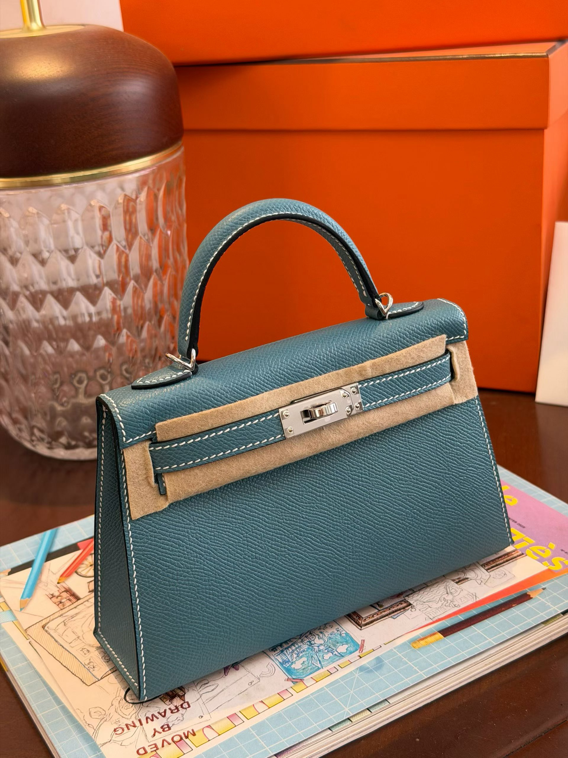 Mini Kelly 二代 epsom皮 牛仔蓝 银扣 爱马仕hermes