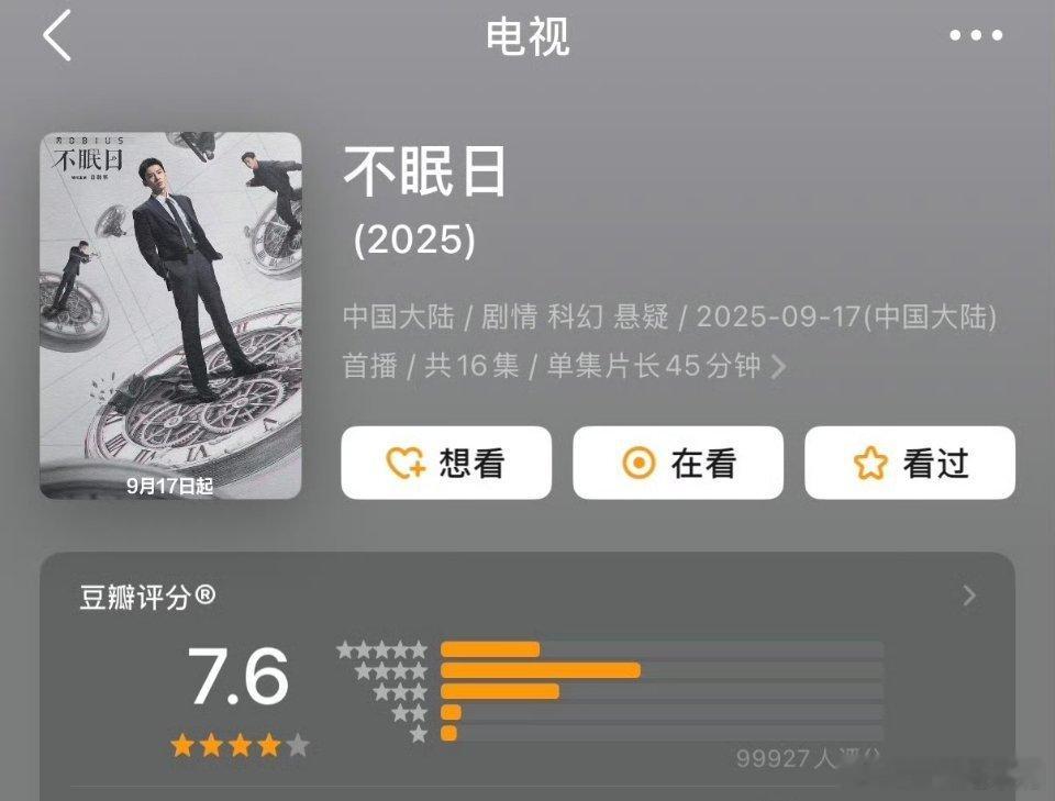 白敬亭 不眠日涨分了，这已经是在高分的基础上，含金量太高了！而且打分人数也马上1