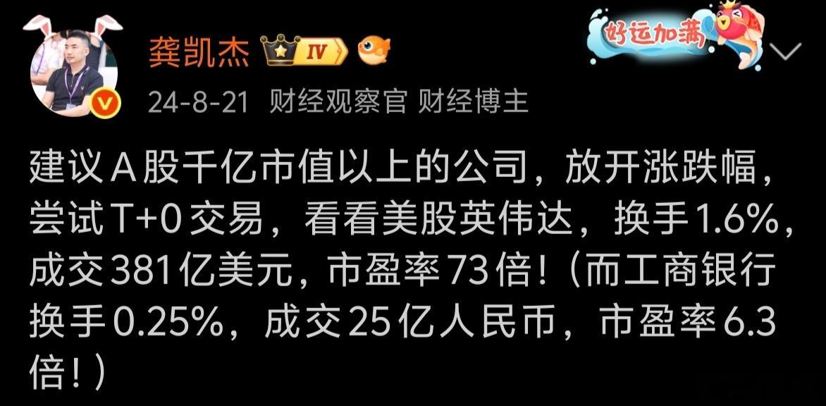 2年前凯哥提出千亿以上市值的公司，放开涨跌幅，实现T+0交易～～～我感觉这个政策