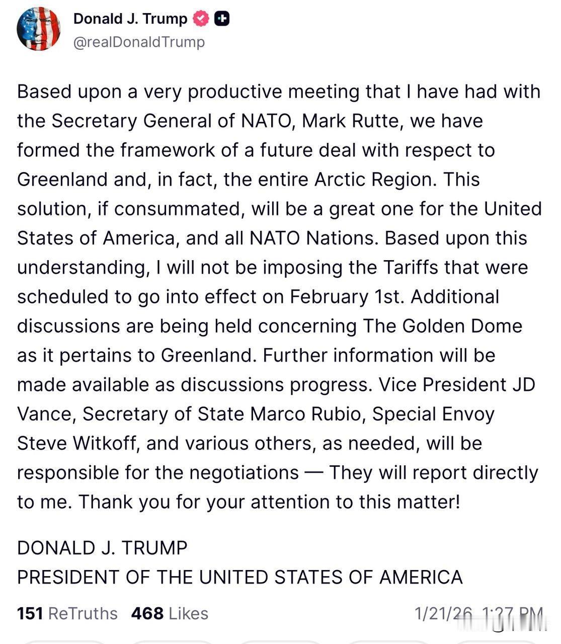 突发：特朗普称已就格陵兰岛问题达成“未来协议框架”；不会对欧洲国家加征额外关税。