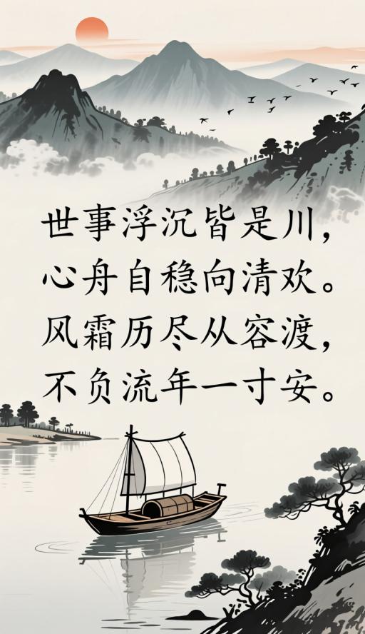 渡（七言绝句）
 
世事浮沉皆是川，
心舟自稳向清欢。
风霜历尽从容渡，
不负流