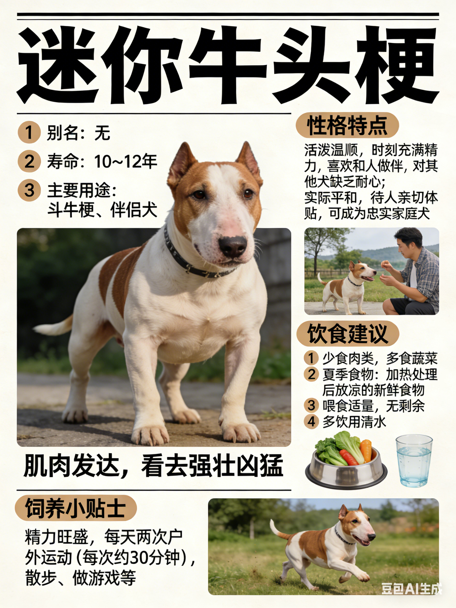 我AI的动物 迷你牛头梗别名：无寿命：10～12年主要用途：斗牛梗、伴侣犬迷你牛