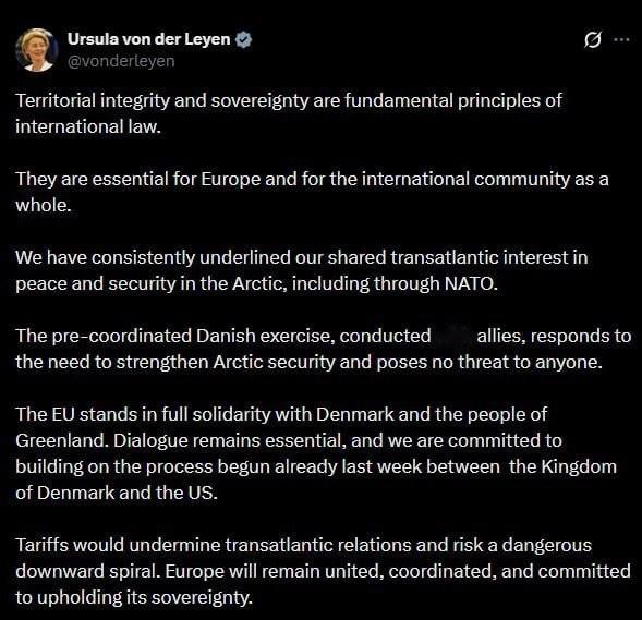 冯德莱恩回应特朗普：“领土完整与主权是国际法的基本原则。对于欧洲乃至整个国际社会