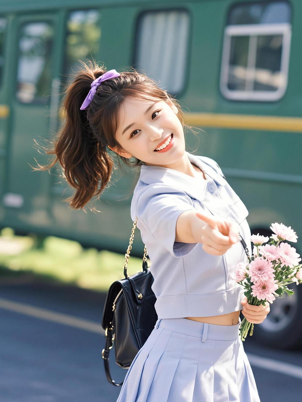 阳光洒在她的裙摆上，仿佛时间在这一刻静止。手中的花束像是从画中走出，带着春天的气