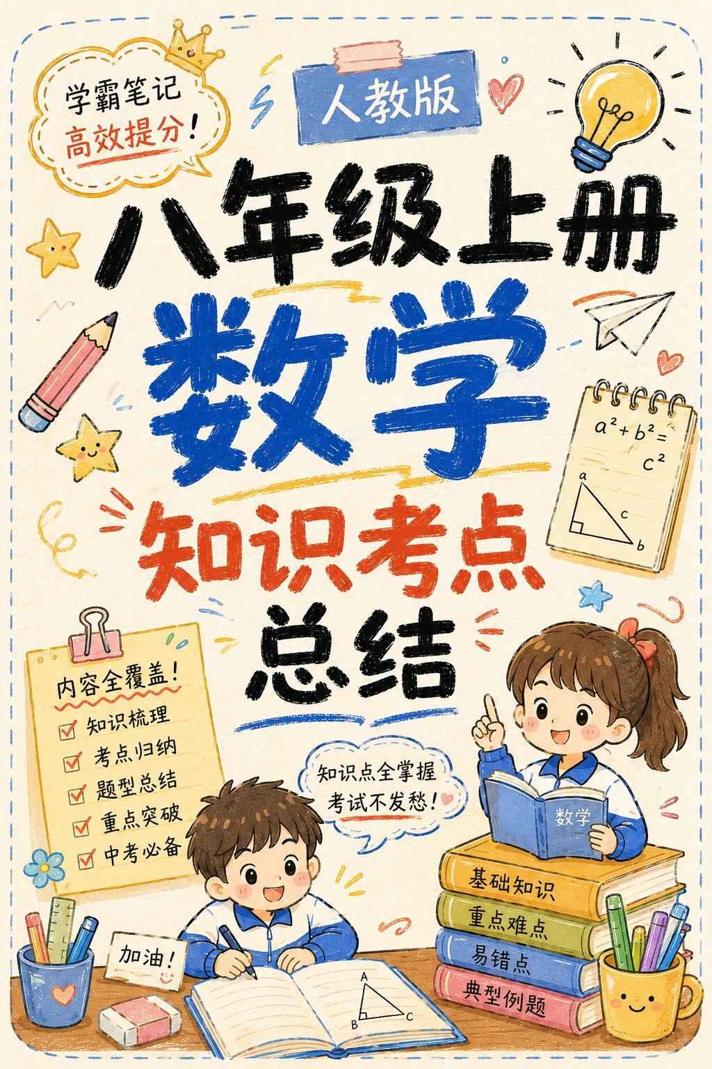 初二，人教版八年级上册数学知识点总结。
初中数学笔记[话题] 暑假预习[话题] 
