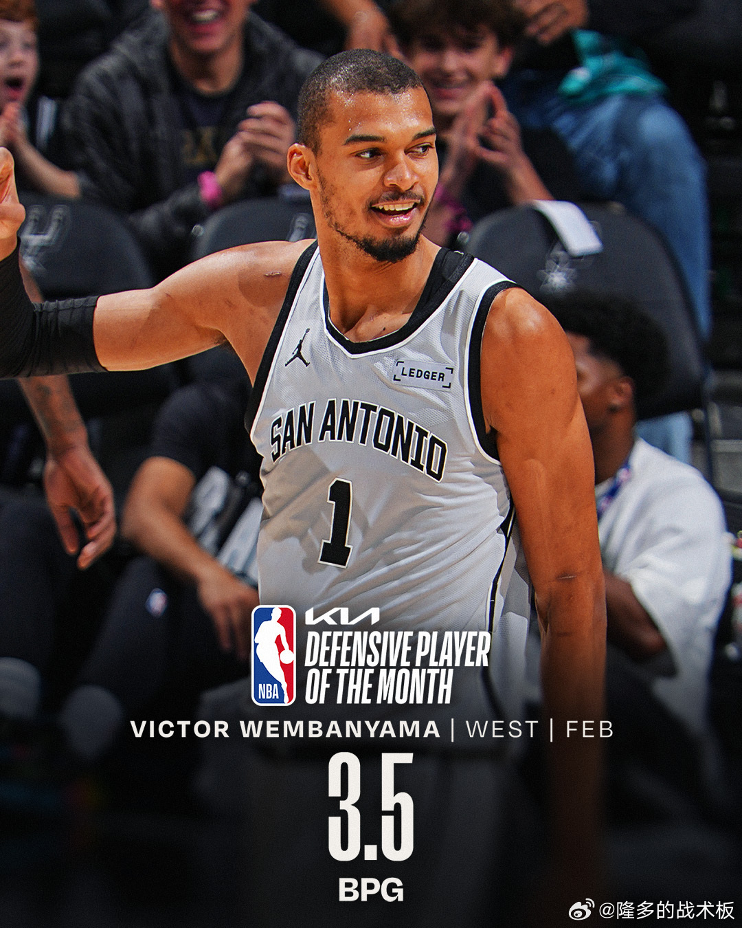 马刺成为NBA历史上第1支，一个月内同时包揽月最佳球员、月最佳新秀、月最佳防守和