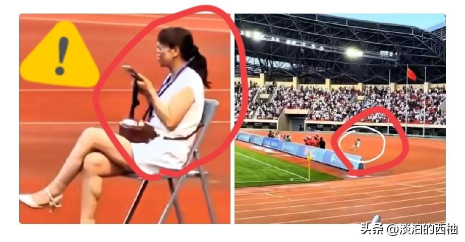 陇超赛场，全体起立奏国歌，一个女人翘着二郎腿坐在椅子上，抬头看了看唱国歌的人，嘴