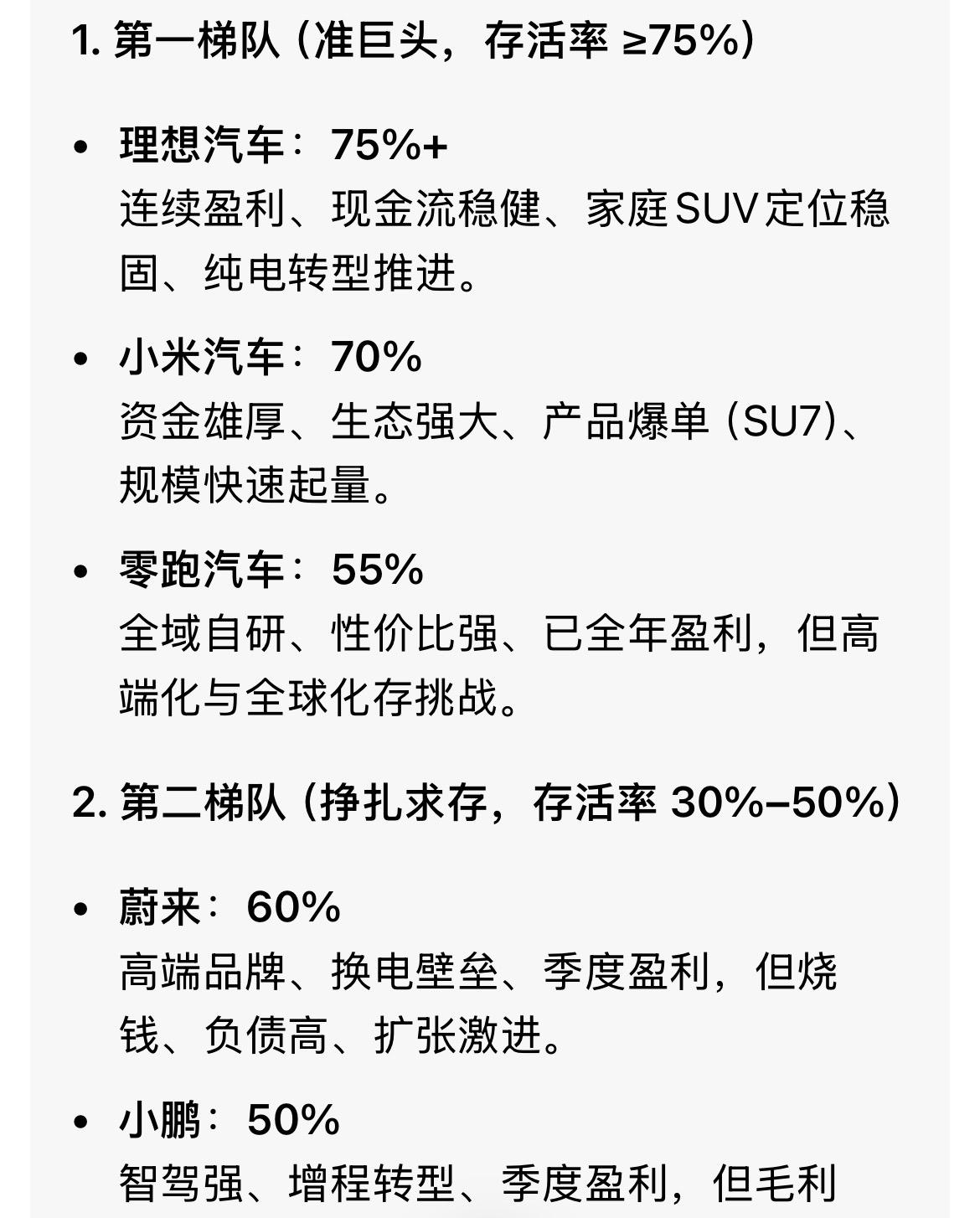 让豆包预测未来10年新势车企存活率
结果如下：
理想汽车：75%+
小米汽车：7