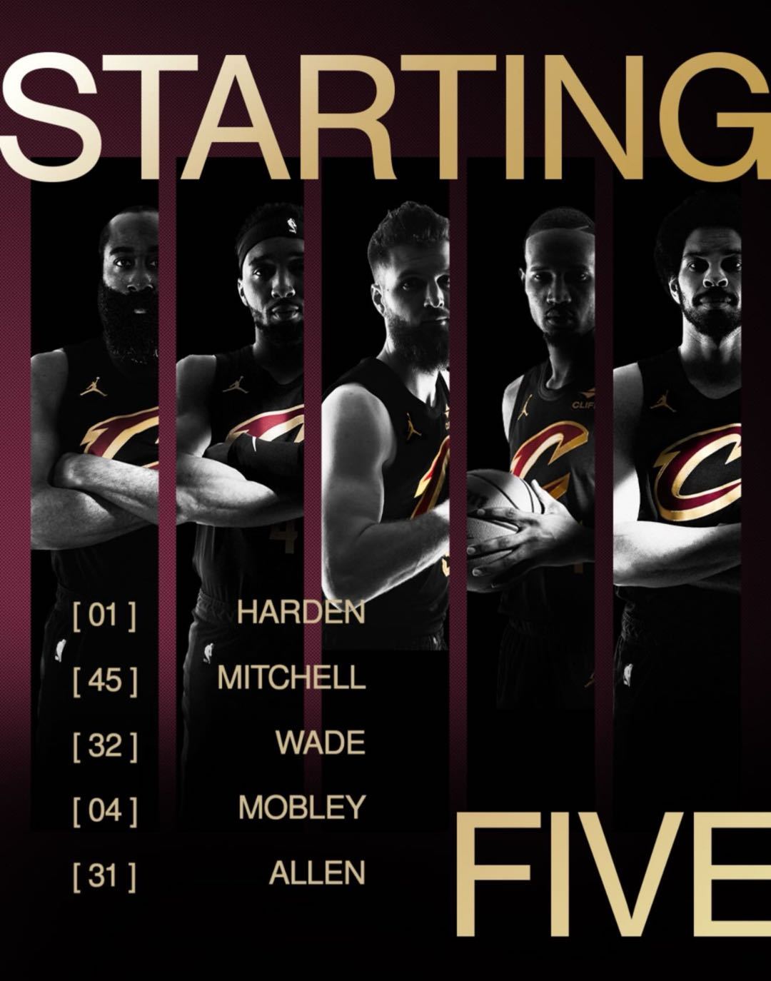 今日首发阵容：哈登、米切尔、迪恩·韦德、莫布里、阿伦。骑士vs活塞nba季后赛