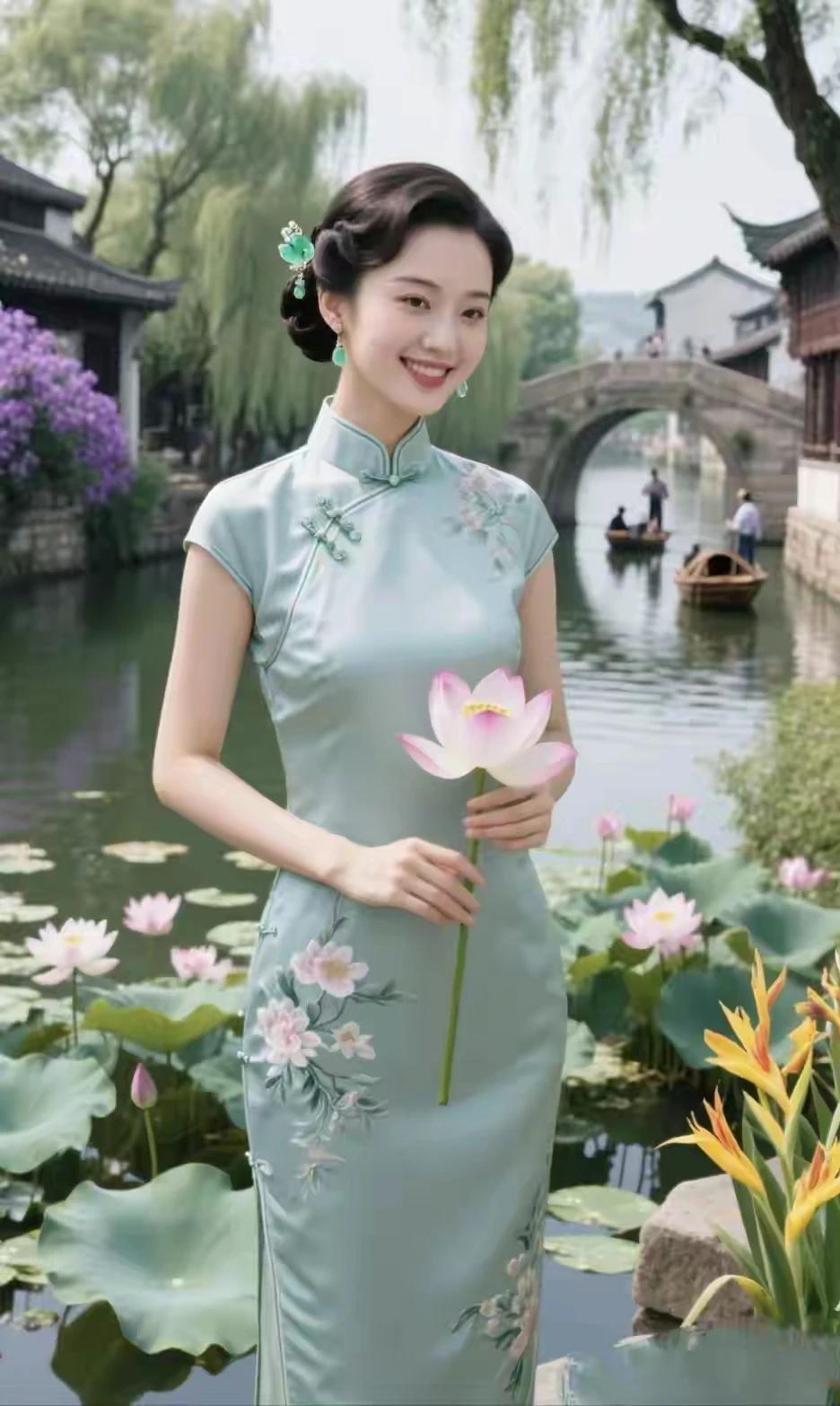 江南水乡，独特风景。
旗袍雅致，国风古韵。
小桥流水，一叶扁舟。
一把折扇，一把