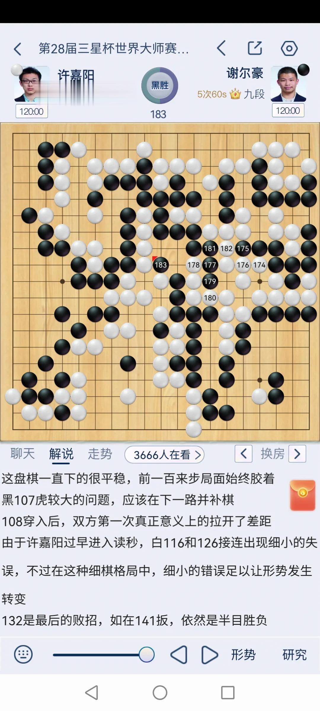 第28届三星杯世界围棋大师赛半决赛第一盘谢尔豪胜许嘉阳。
今天这盘棋是一场内战，