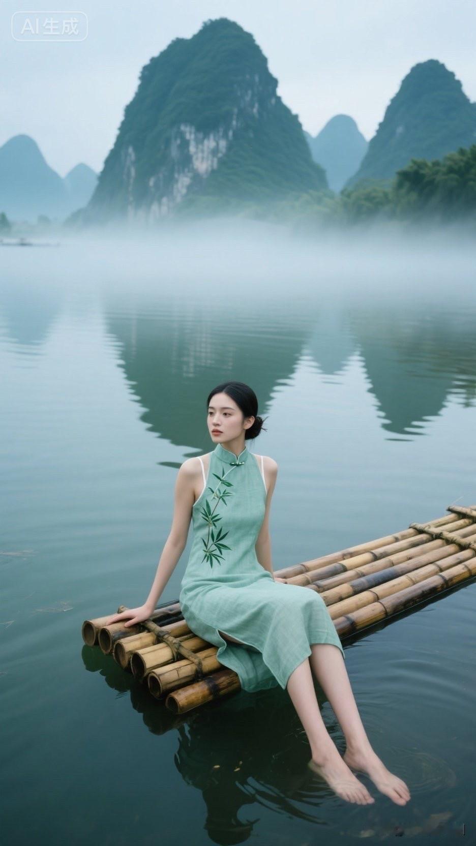 她坐在竹筏上，风景美如画。