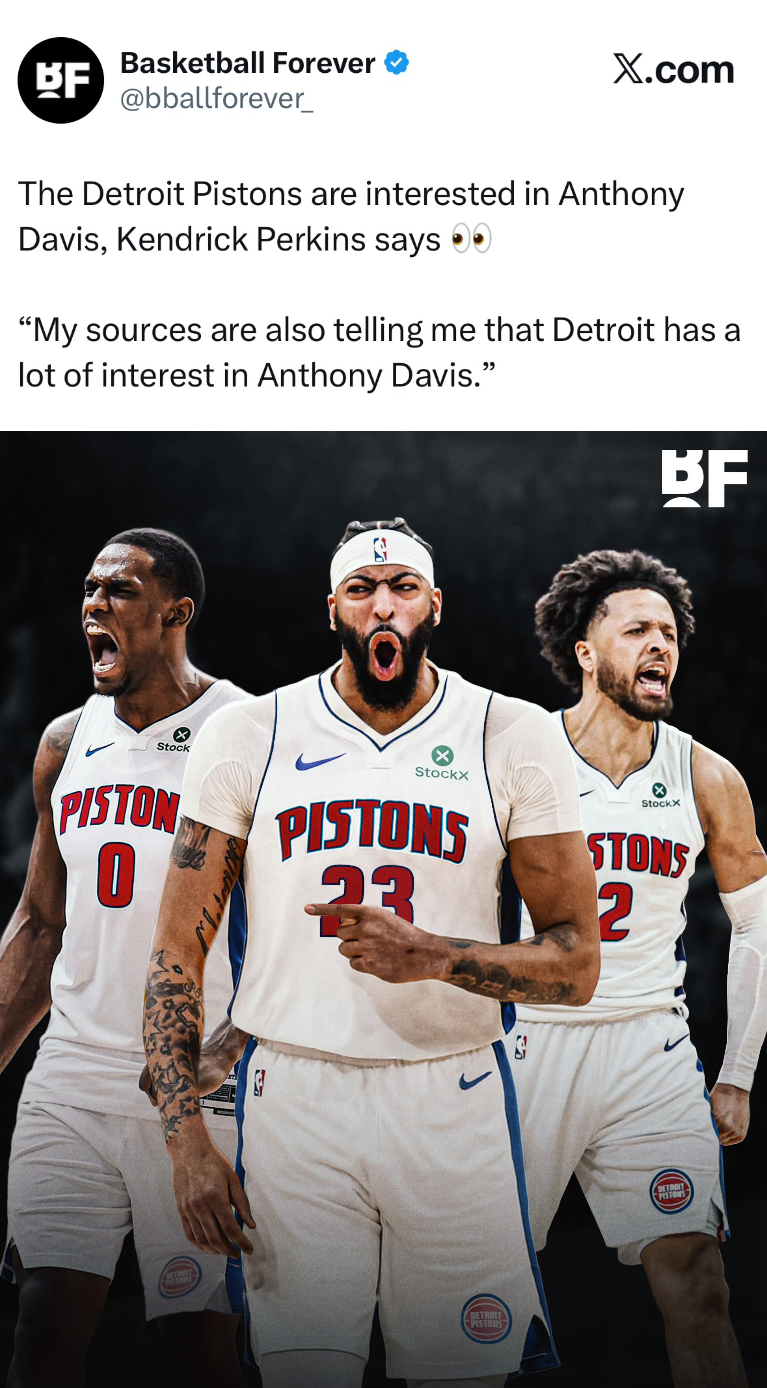 评论员Kendrick Perkins表示，底特律活塞队有意安东尼-戴维斯：“我