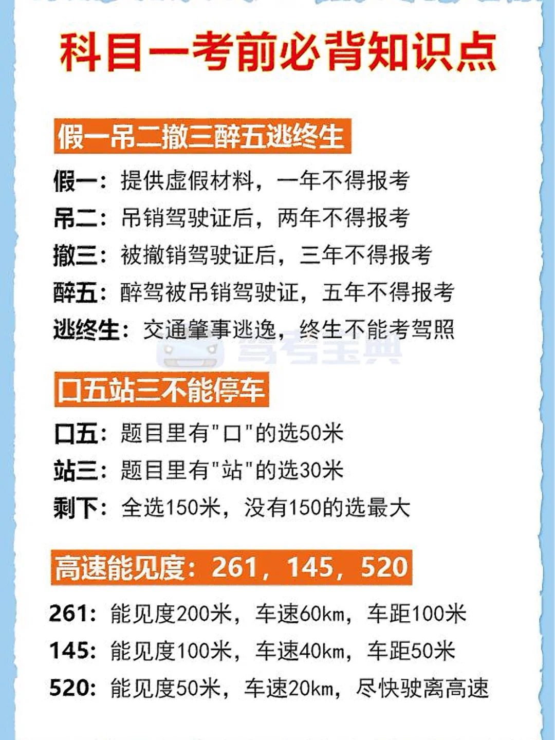 科目一考前必背知识点 假一吊二撤三醉五逃终生 假一：提供虚假材料，一年...