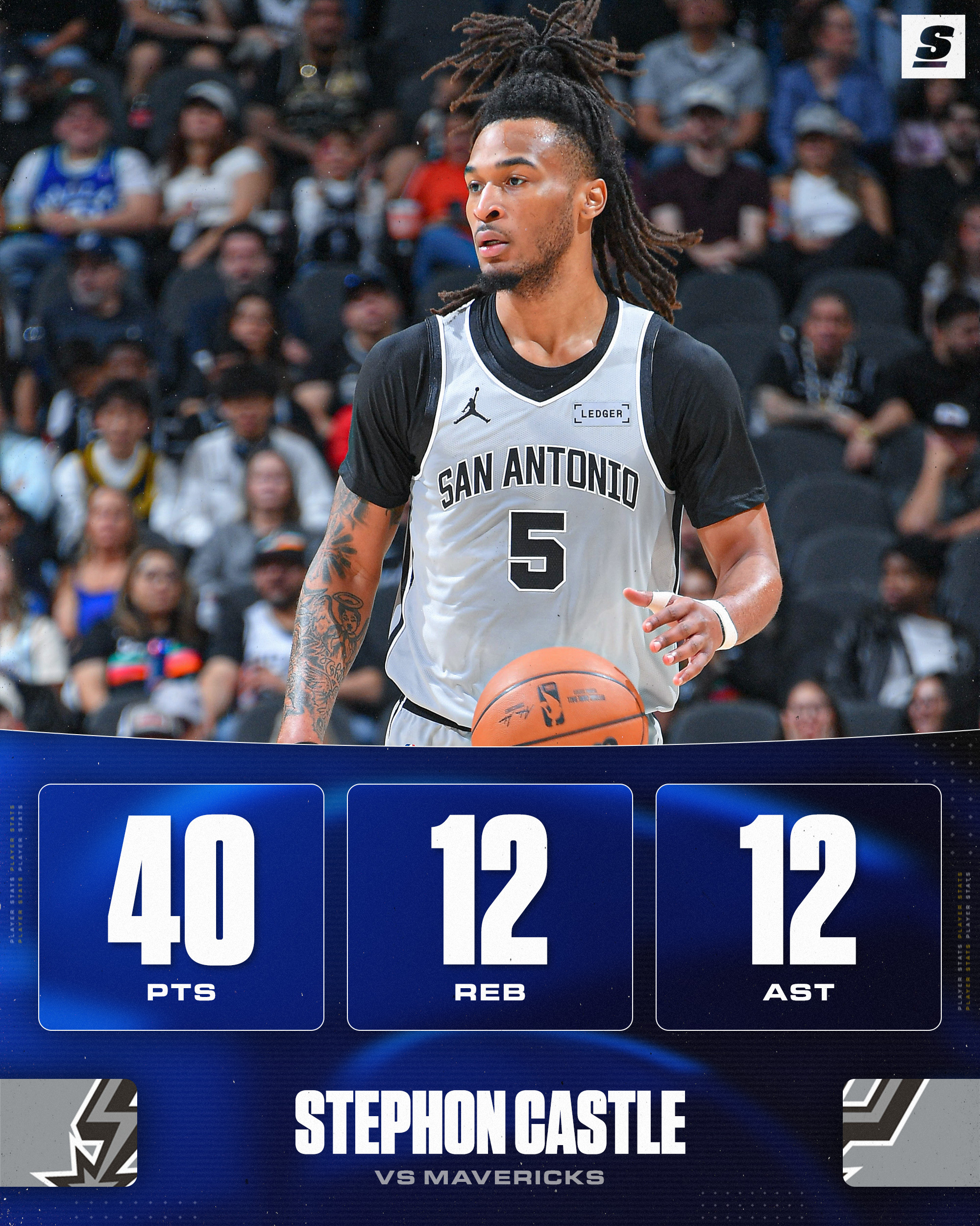 卡斯尔40分12篮板12助攻3抢断1封盖三双——历史首位在2年级单场至少40分1