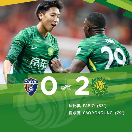 北京国安客场2-0战胜云南玉昆