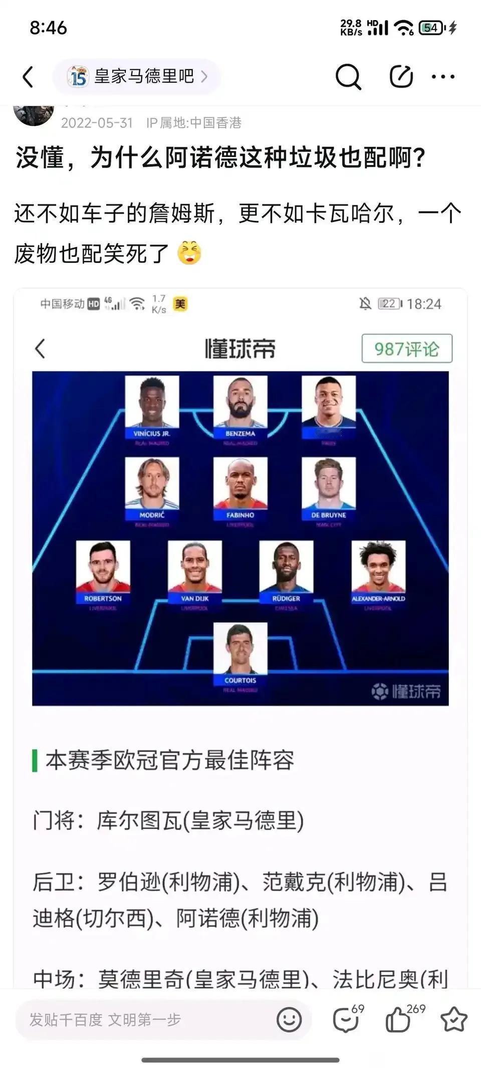 2022年阿诺德入选欧冠最佳阵容，皇马球迷还骂他不行，如今阿诺德真的在皇马了。