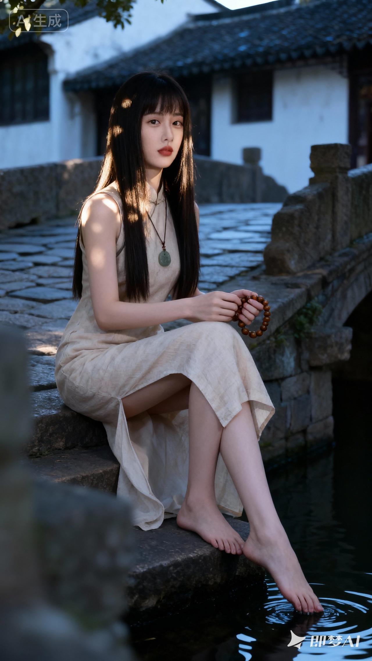 静坐古桥边，悠然自得，岁月静好。