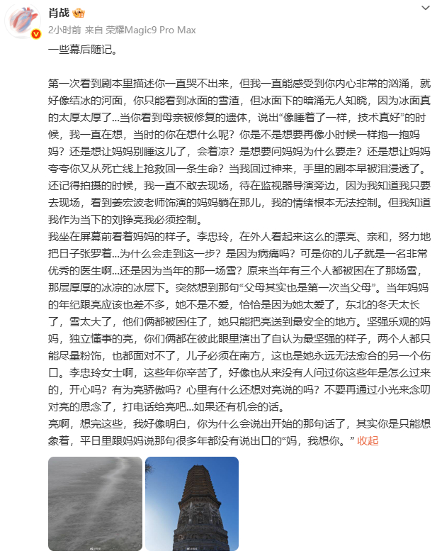 肖战读懂李忠玲的爱被肖战这段随记戳到了小城良方冰层之下翻涌着无人知晓的情绪，母子