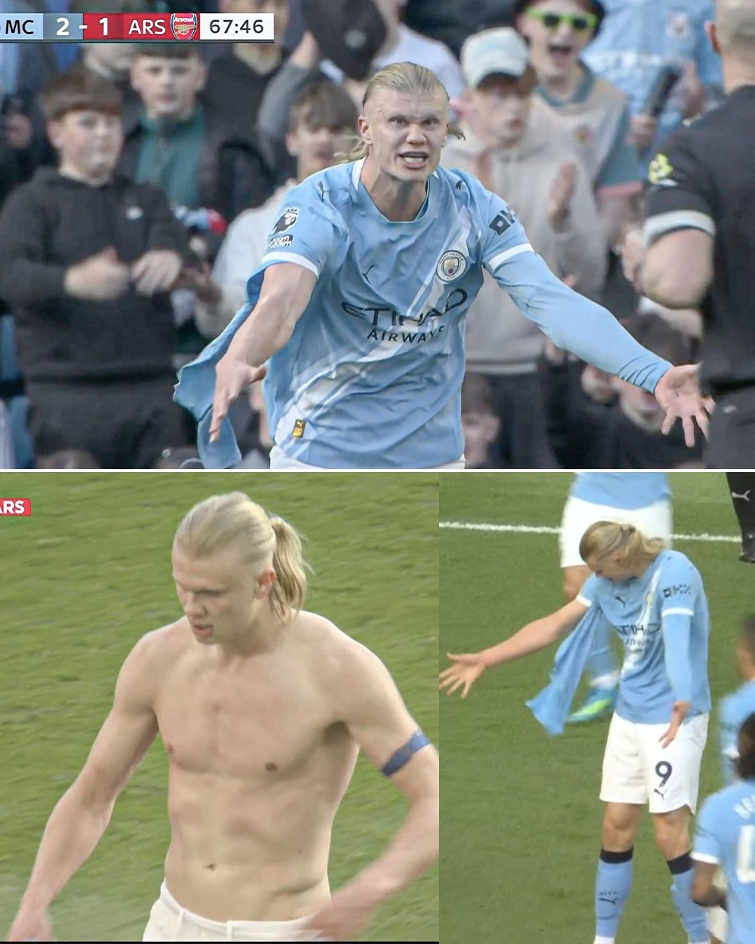 埃尔林·哈兰德对加布里埃尔拉扯并撕破他球衣的反应 😭哈兰德在比赛中途脱下球衣扔