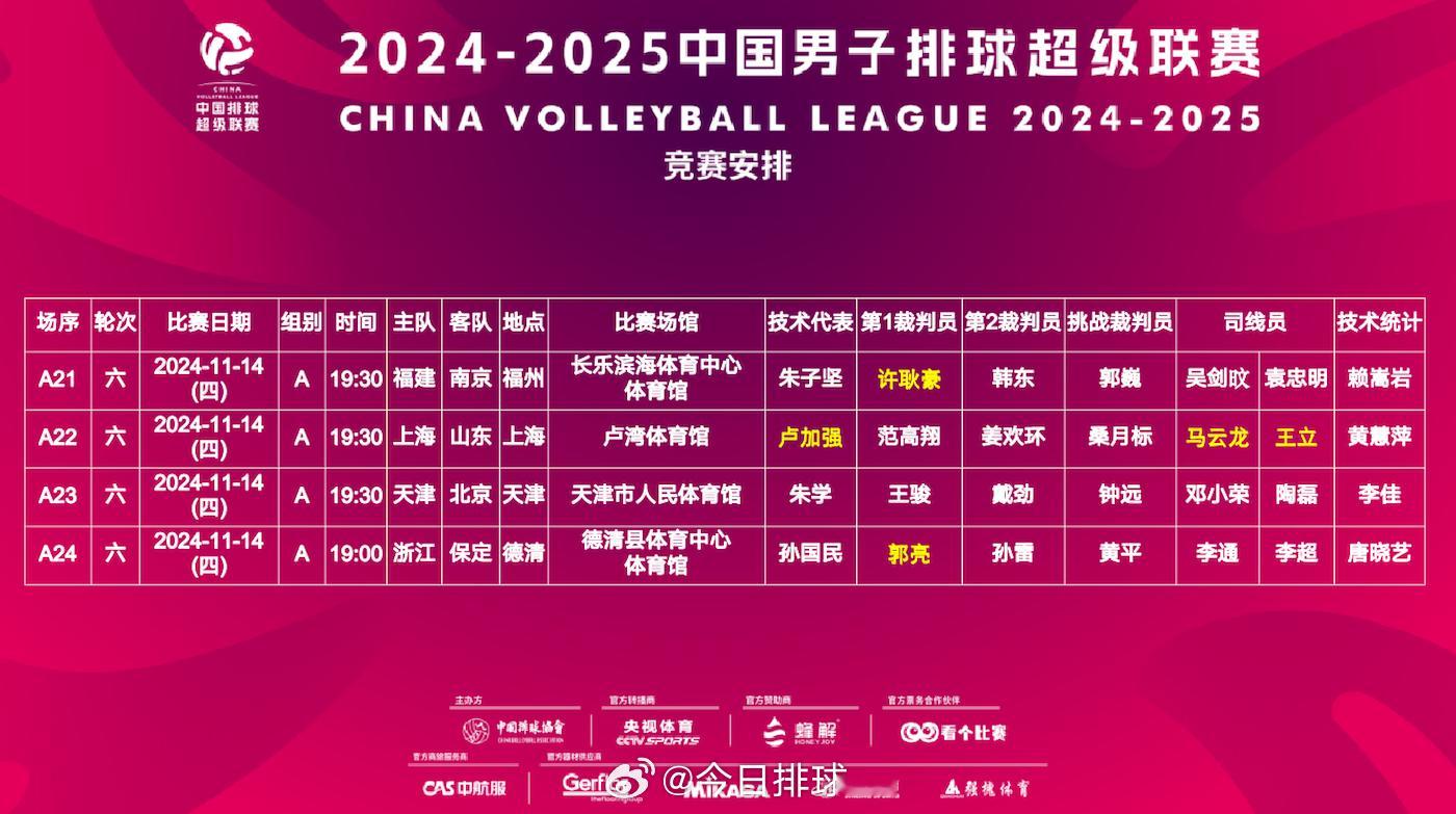2024-2025#中国男排超级联赛# A级常规赛第6轮的比赛明天（11月14日