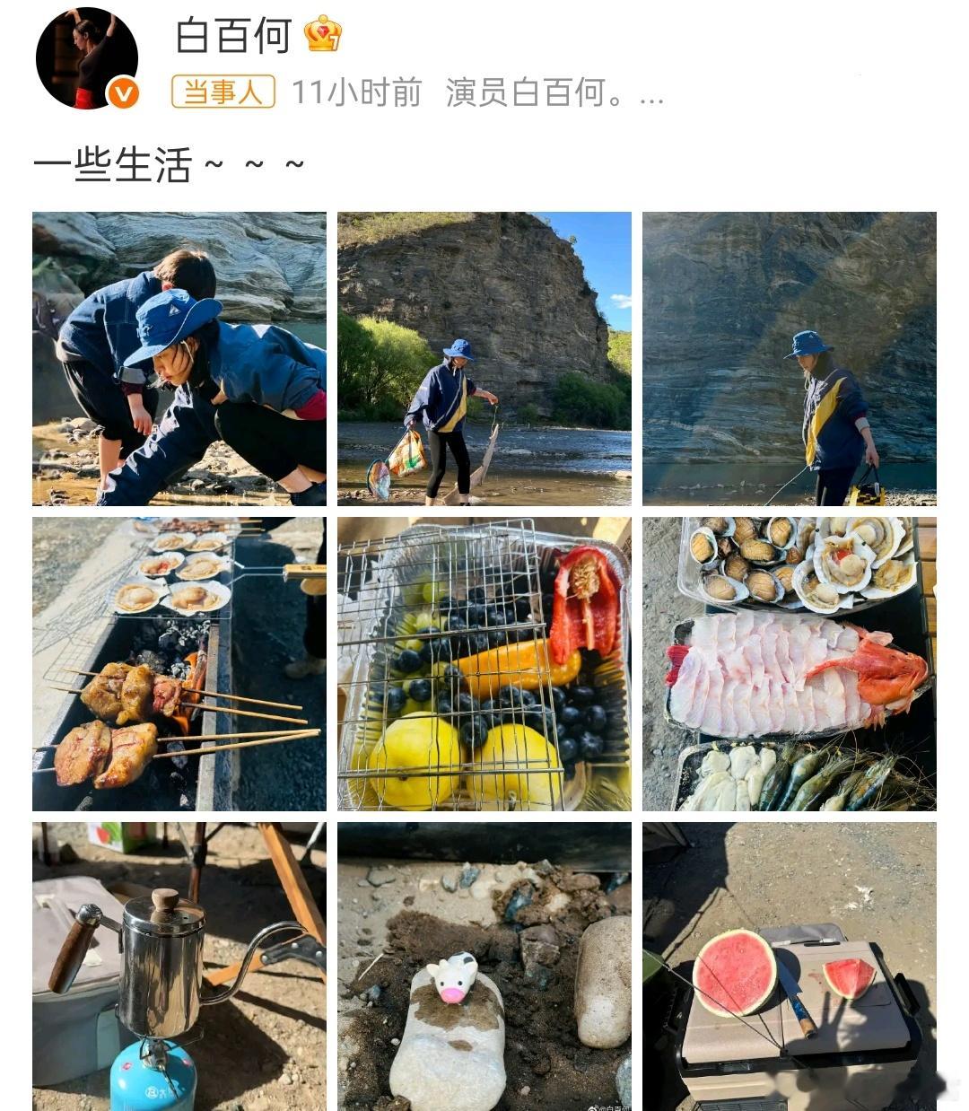 白百何首晒二胎儿子白百何带四岁二胎儿子露营母子俩穿亲子装捞鱼玩耍，画面十分有爱。