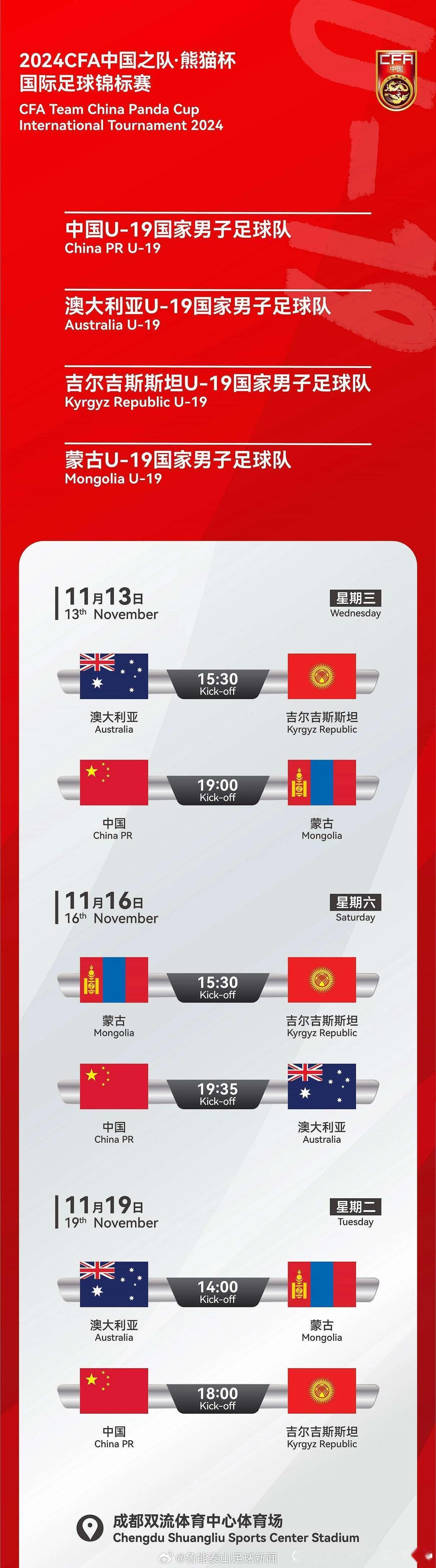 【熊猫杯比赛开票信息:价格亲民，50/70两档】U19国青将于11月13-19日