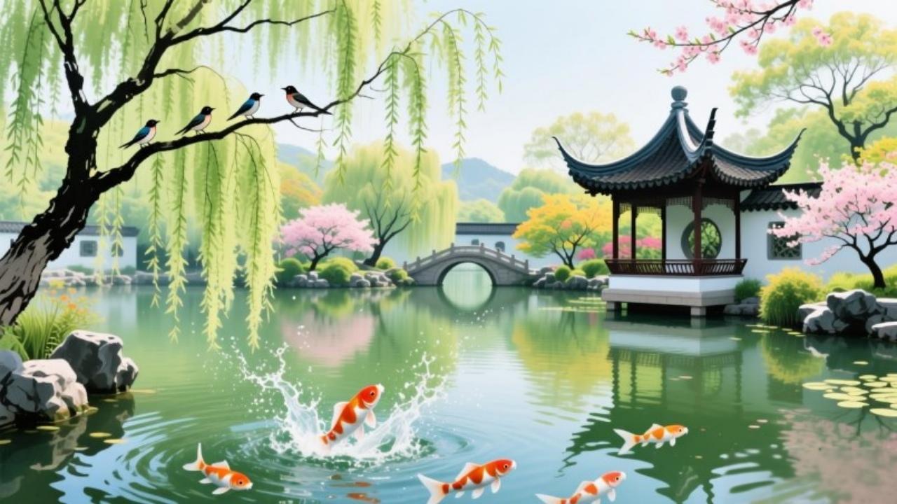 池边看鱼跃，柳下听鸟鸣。