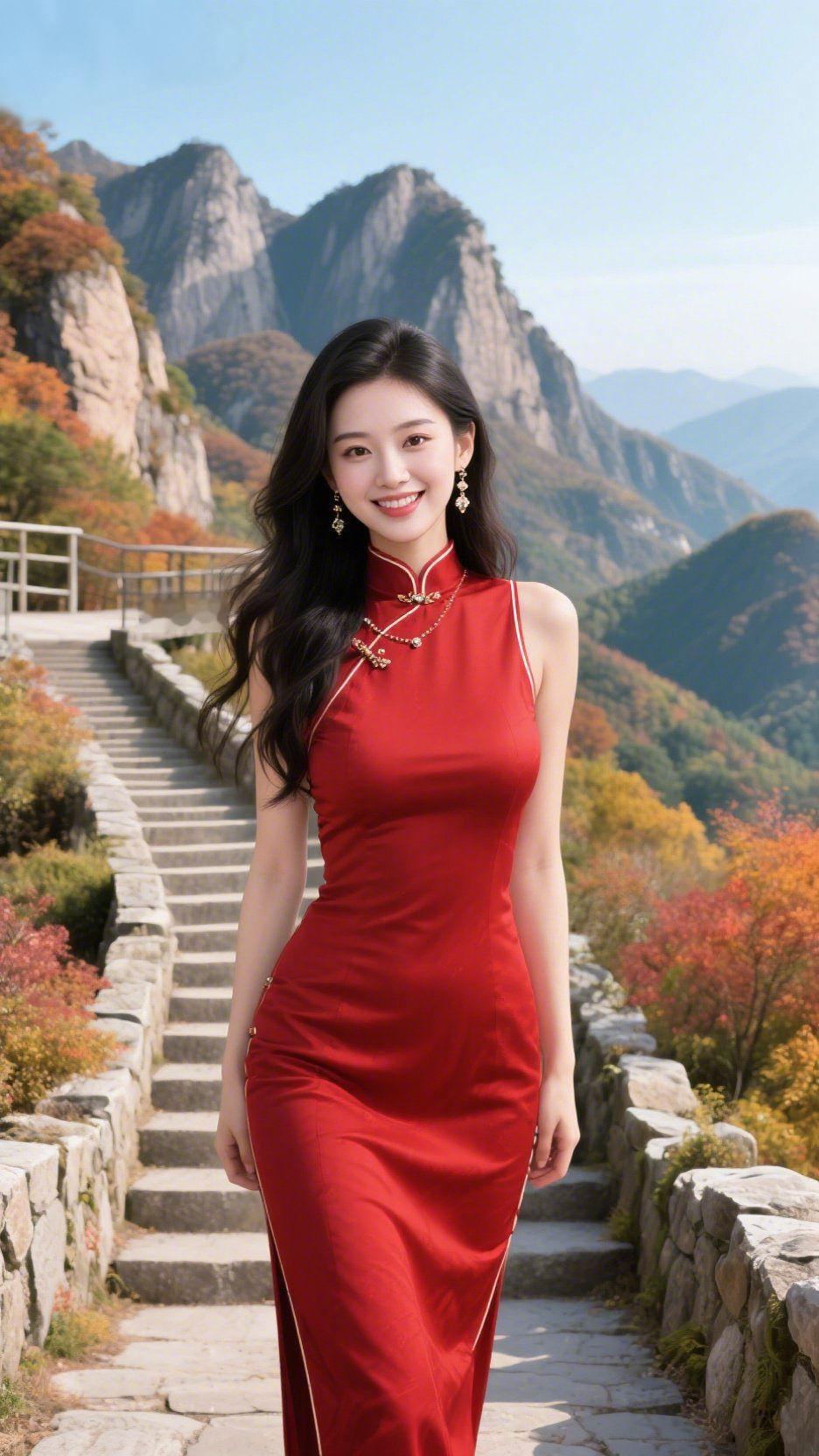 秋山行
 
石阶蜿蜒向云巅，秋林染透赤与丹。
层峰如黛衔远天，风过叶语碎金斑。