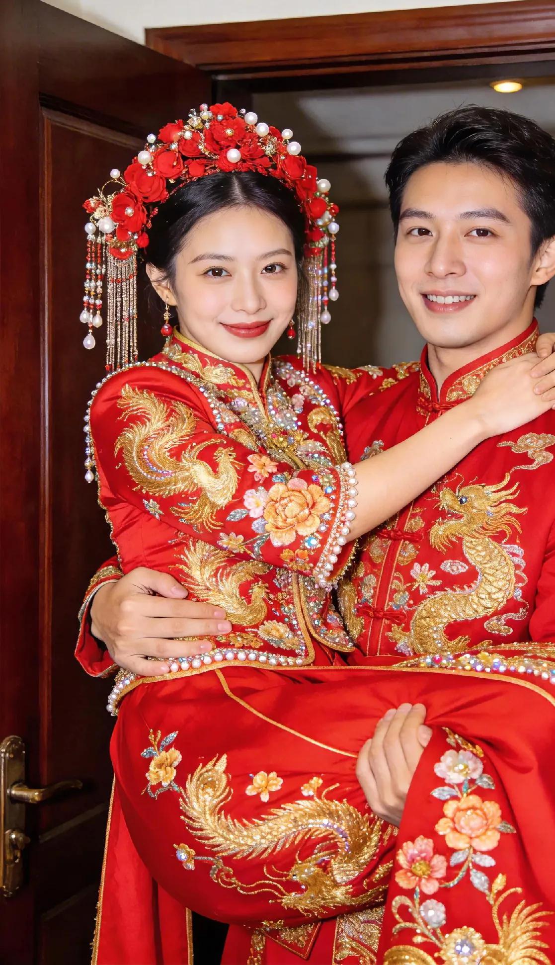 红妆映眉眼，金绣缀良缘✨
凤冠珠垂，藏着我满心欢喜；龙纹裁衣，裹着你半生温柔。