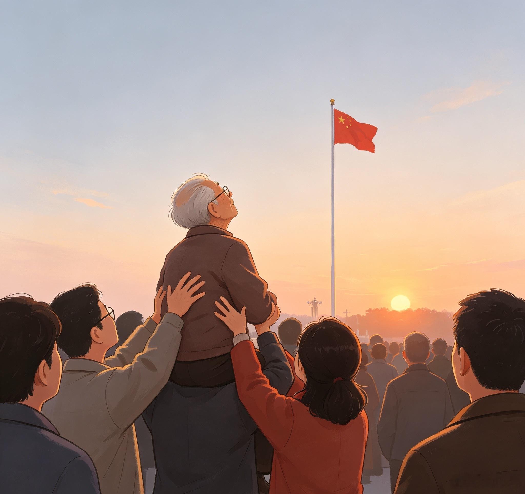 晚辈合力托举老人看升国旗小时候父母把我们举过头顶看世界，长大后晚辈合力托着长辈，
