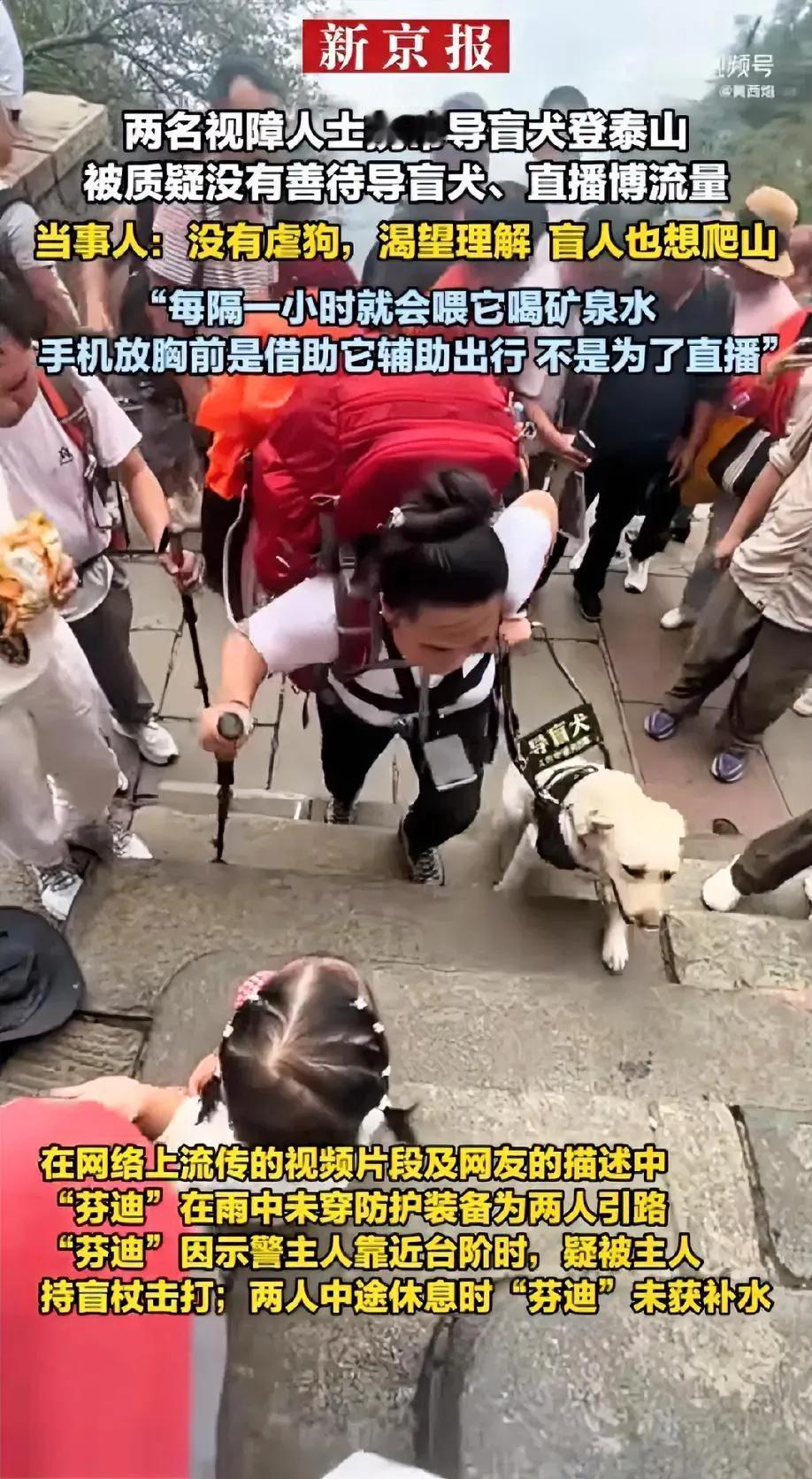 带导盲犬爬泰山”当事人非常后悔！：早知道会失去“芬迪”，就不会去爬泰山了。
辩解