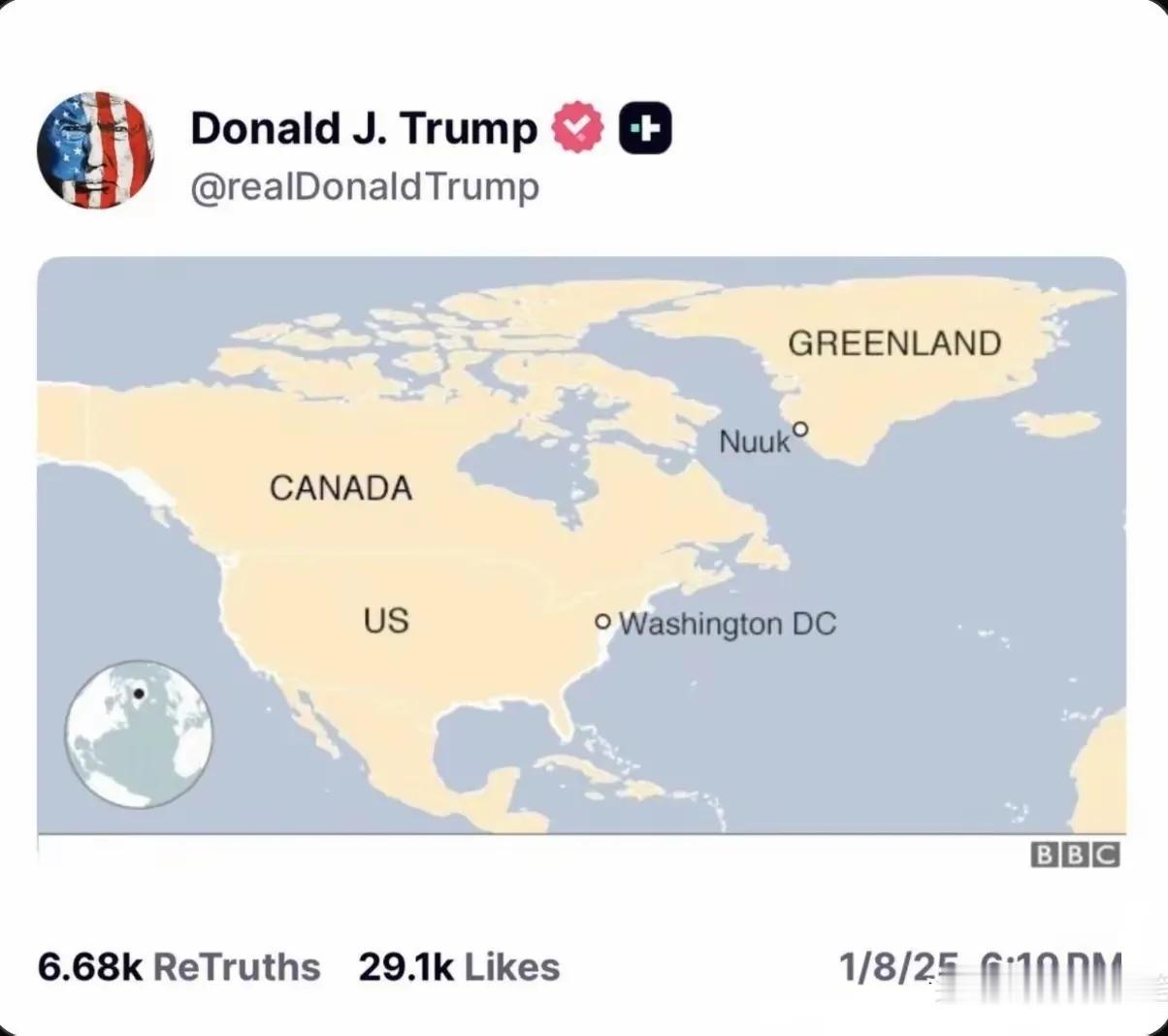 特朗普心目中的“美利坚帝国疆域图”，其野心勃勃跃然纸上。

在他看来一切都是为了