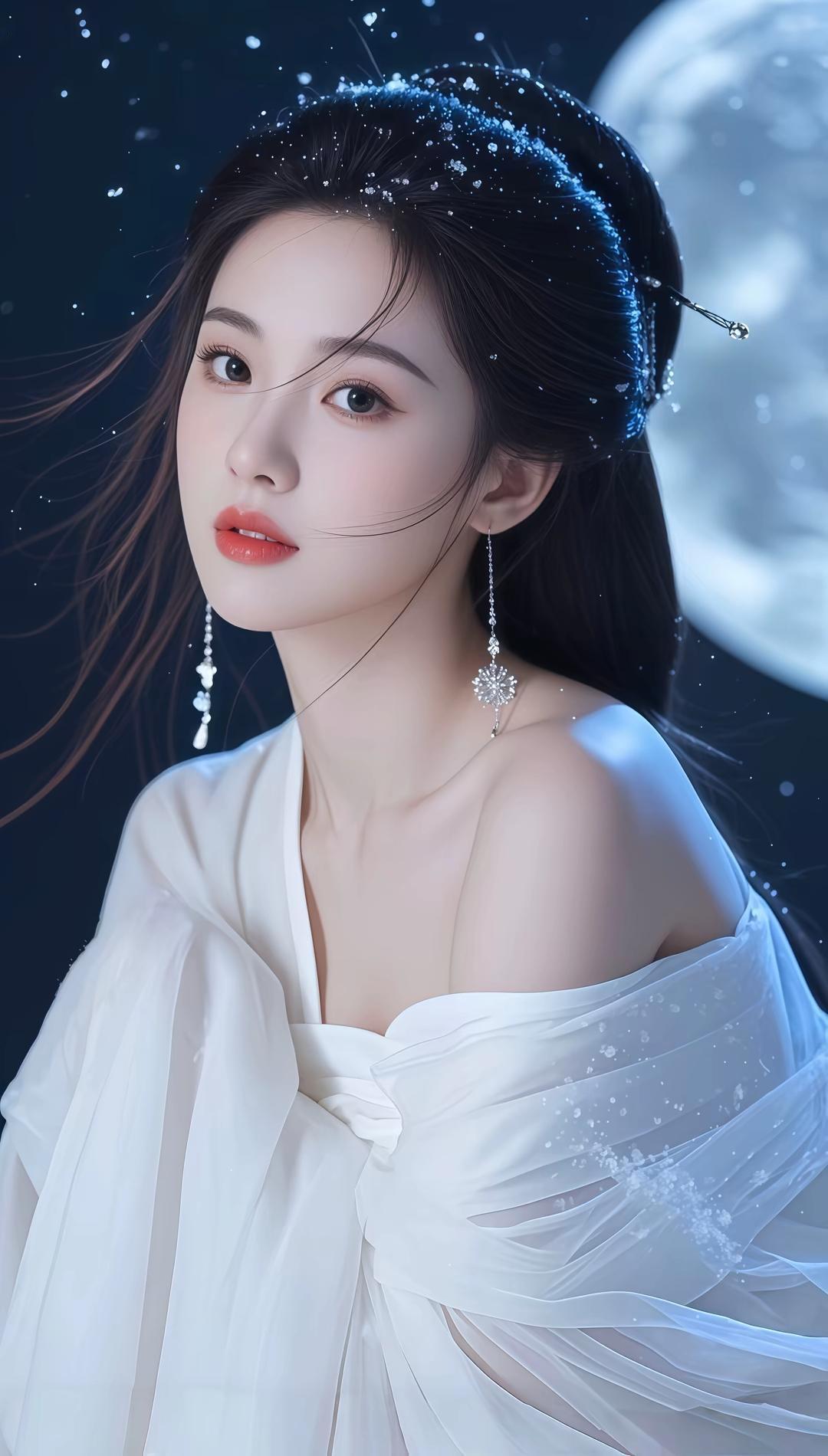 记录我的2026这组图片展现了一位身着古风服饰的女子，在星月交辉的夜色中，宛如从