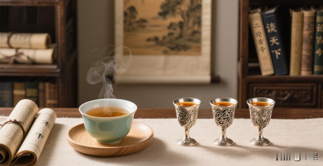 赏析：这幅下联“美酒三盏论古今”与上联“清茶一杯谈天下”相得益彰。从内容上，“美