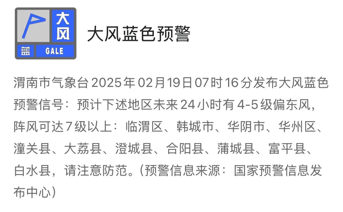 渭南市气象台2025年02月19日07时16分发布大风蓝色预警信号，请注意防范。