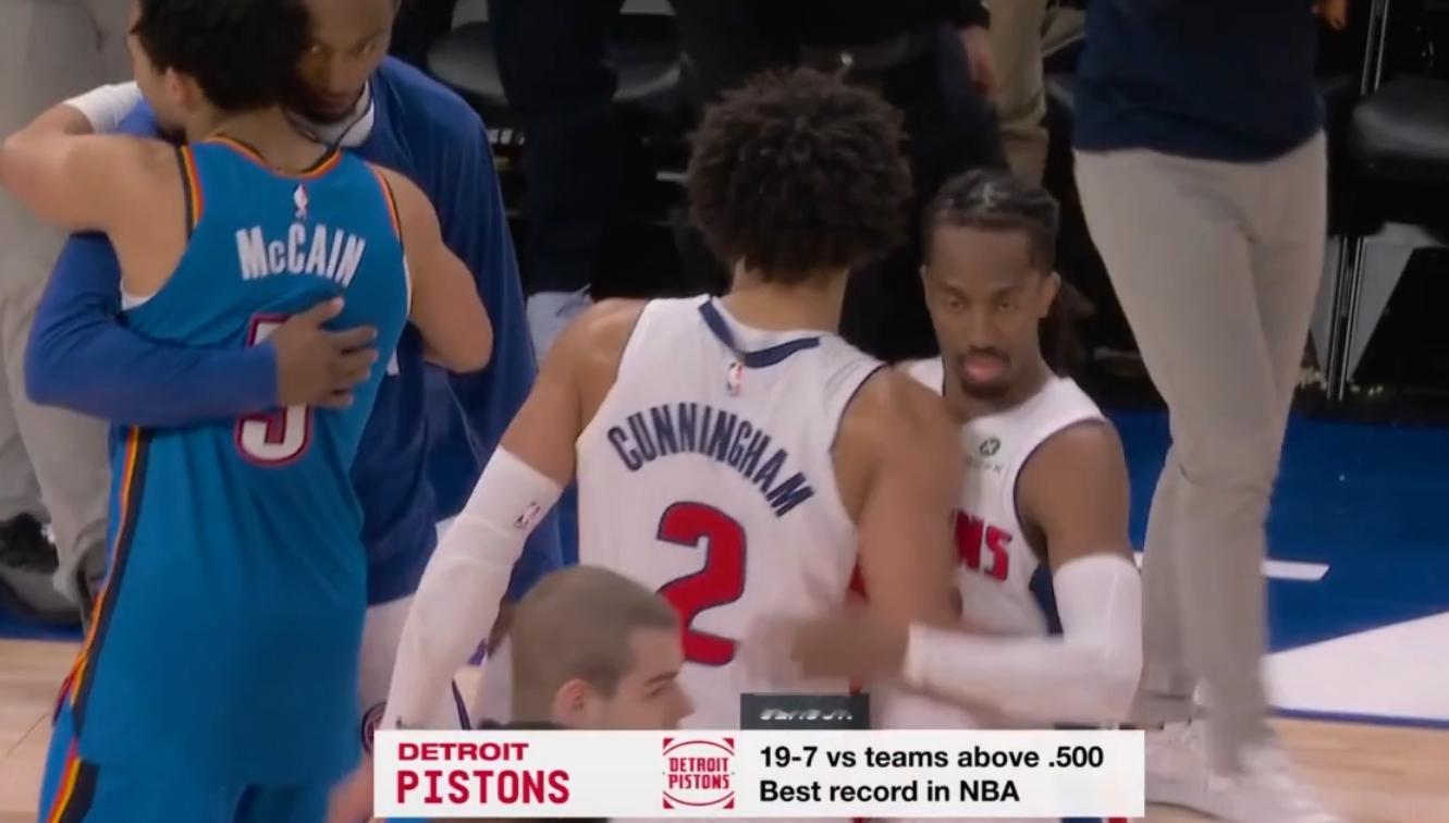 东、西部第一交锋，活塞124-116终结雷霆三连胜，重回联盟第一。坎宁安29分1