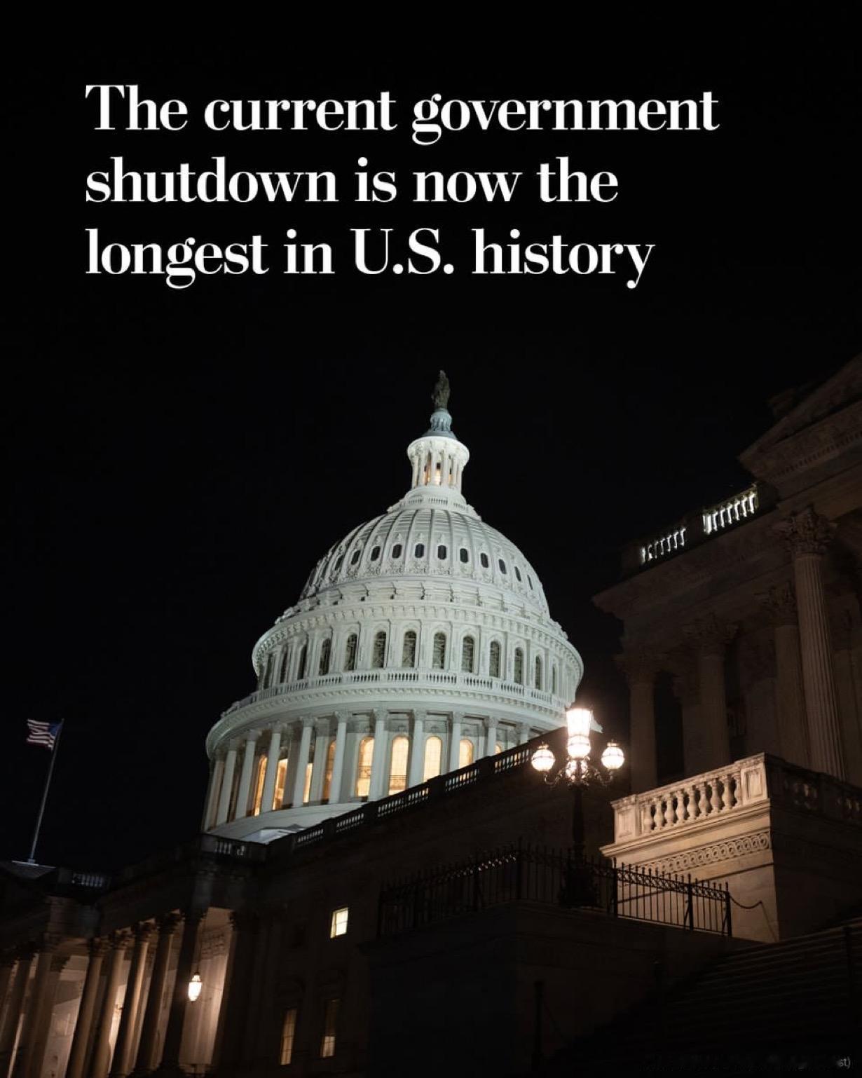 截至周二结束，美国联邦政府停摆已成为美国历史上持续时间最长的政府机构关闭事件，超