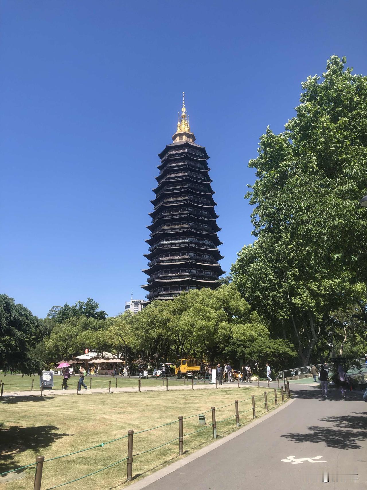 常州天宁寺塔下的夏日风景太治愈啦！蓝天衬着古塔，桥边开满了花卉，桥下的鸢尾花开得
