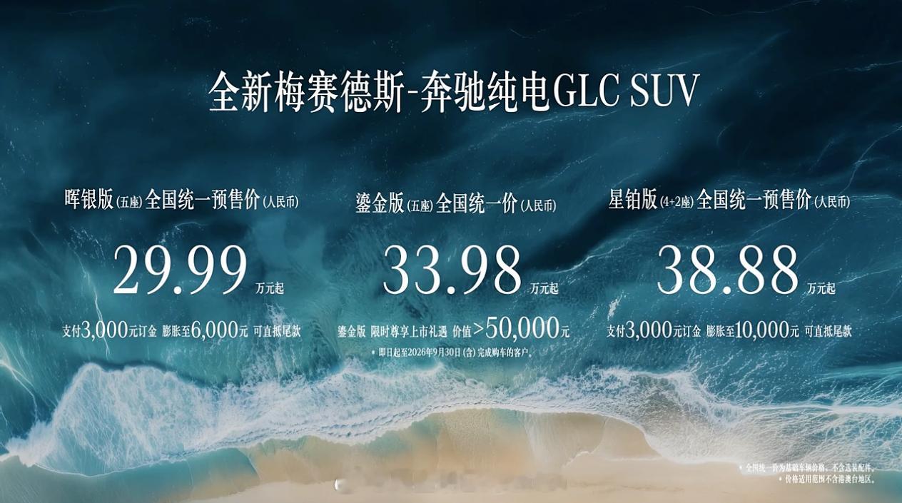 纯电GLC太全面了奔驰的纯电 GLC 售价来了，分为三个配置，分别是 29.99
