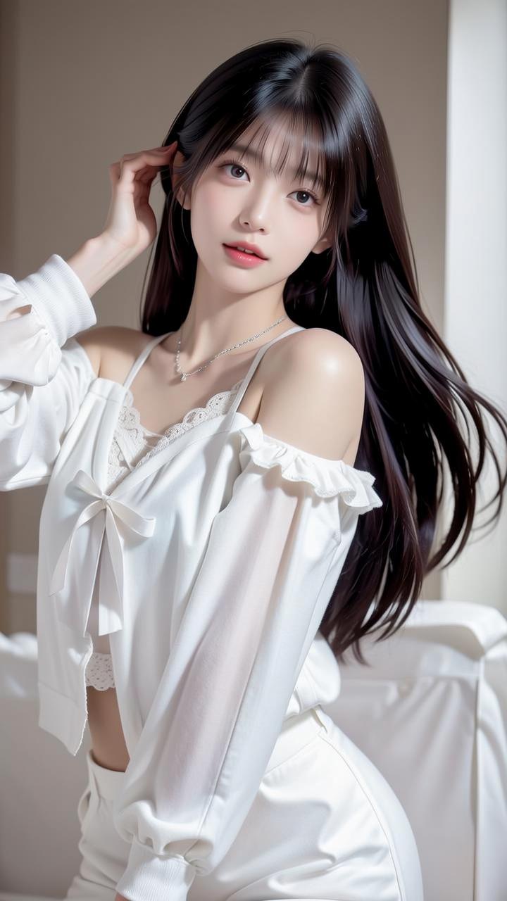 温柔甜美的白衣少女，轻抚发丝，散发着清新优雅的气息。