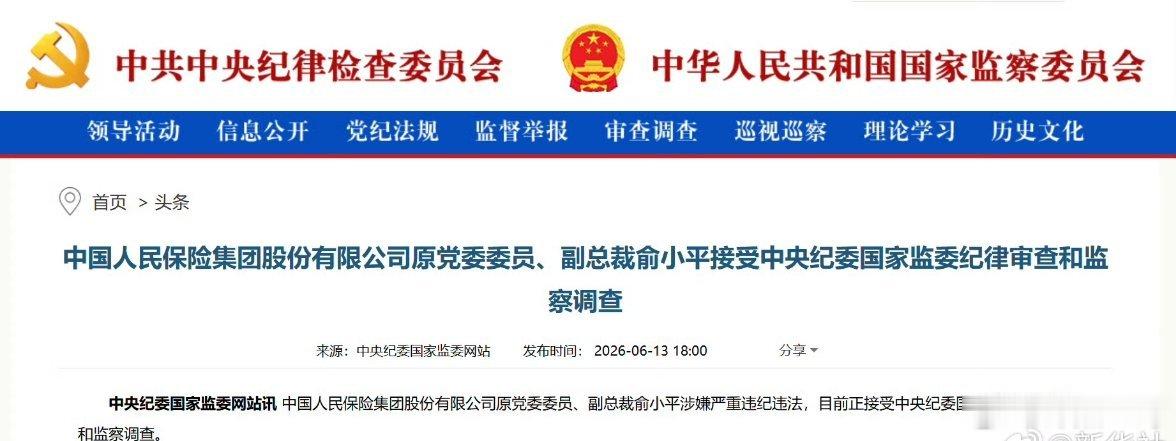 中国人民保险集团股份有限公司原党委委员、副总裁俞小平接受中央纪委国家监委纪律审查
