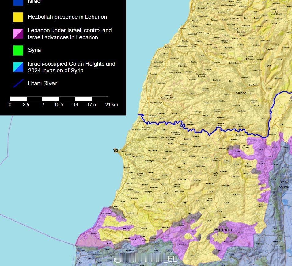 关于停火前以色列侵略军在黎巴嫩南部的地面入侵情况的示意图，并不是非常准确，但可以