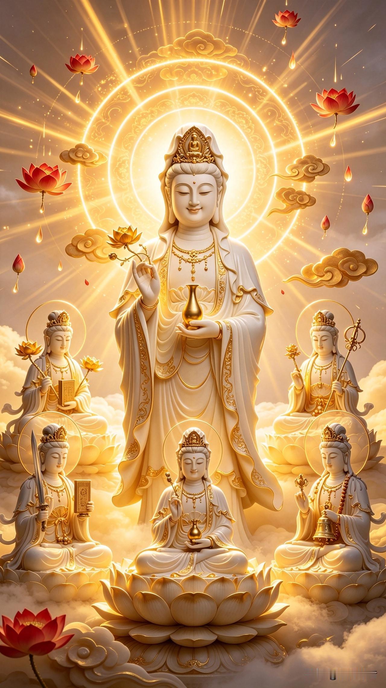 云海漫卷，金辉流转，漫天红芯莲花如雨缓缓飘落。
文殊菩萨立于莲台之上，面容慈祥温